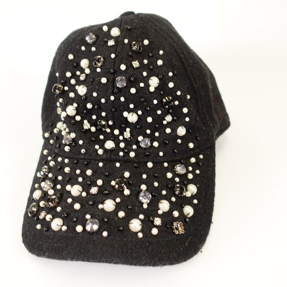 CLUB‎ MONACO Women's Wool Black Rhinestone Cap Hat OS Metal Belt Buckle Pearl - Picture 1 of 13